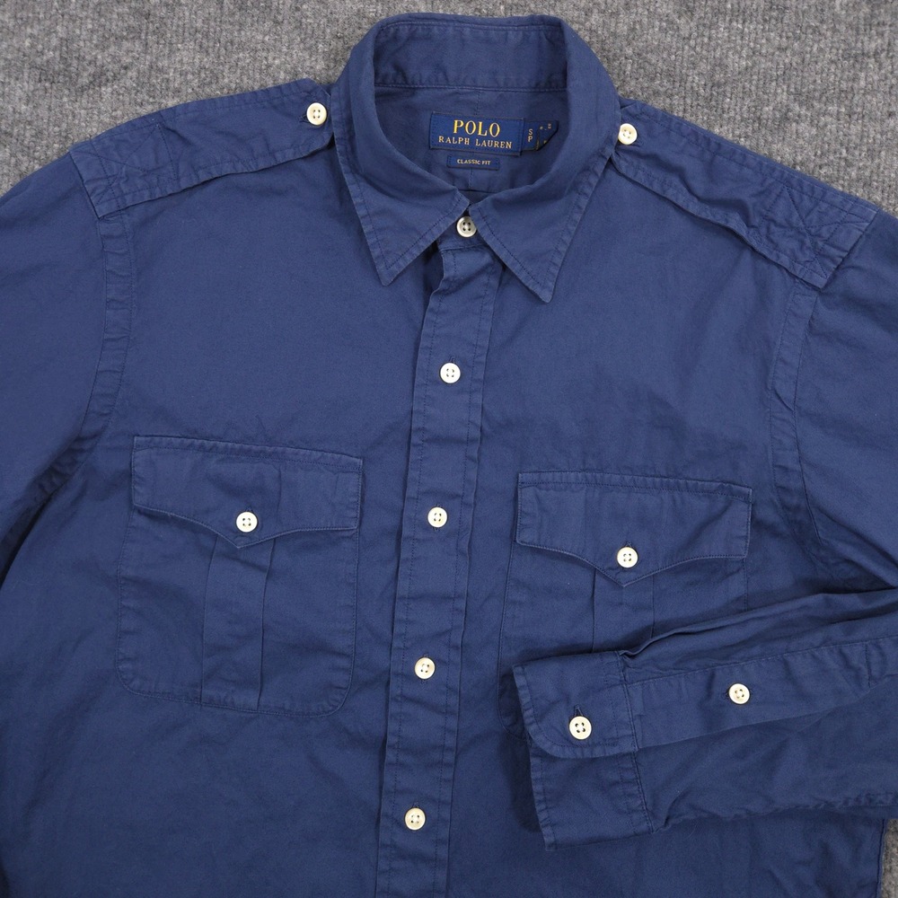 Polo Ralph Lauren Shirt Mens Small Navy Epaulets Safari GI Military Classic Fit